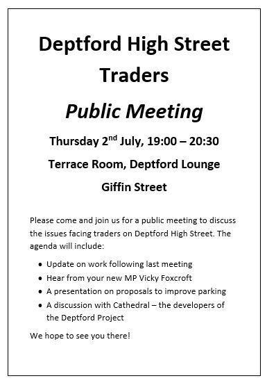 REMINDER for Deptford High Street traders- public meeting 7pm Thursday, <a href="/DeptfordLounge/">Deptford Lounge</a>