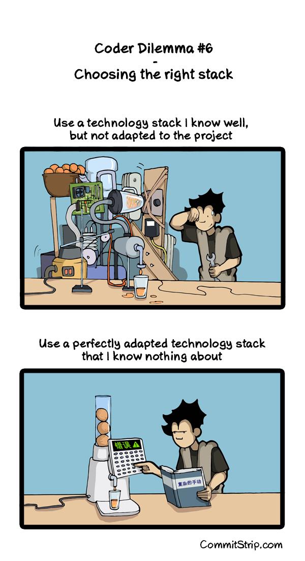 hacker_ship's tweet image. RT @CommitStrip: Coder Dilemma #6 - Choosing the right stack commitstrip.com/2015/06/30/cod…
