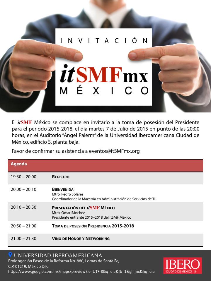 itSMFmx's tweet photo. El itSMFmx los invita a la toma de posesión Martes 7 de Julio, 20:00 hrs Confirmar eventos@itSMFmx.org http://t.co/WLnhQBnY2Q