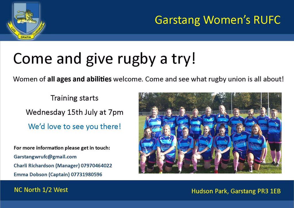 Garstangwrufc's tweet photo. Ladies want to give rugby a try? All ages and abilities welcome @GarstangHour @rfuwrdo_MidsNW @AcresfieldClub #bosh http://t.co/5iSxnlEWAY