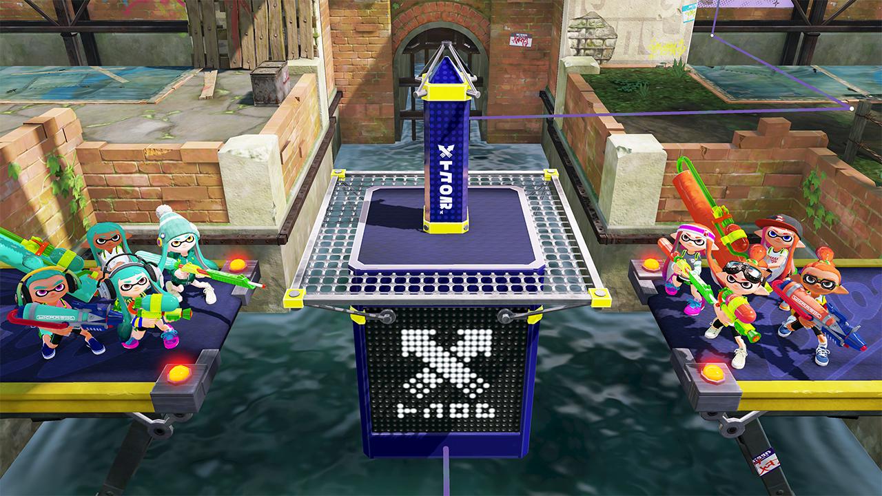 Splatoon スプラトゥーン あさって7月2日 木 午前11時 ガチマッチの新ルール ガチヤグラ が追加される ステージ中央に配置された ガチヤグラ に乗り込み 相手ゴールまで運んだチームの勝利というルールだ 相手の猛攻からガチヤグラを守り抜け