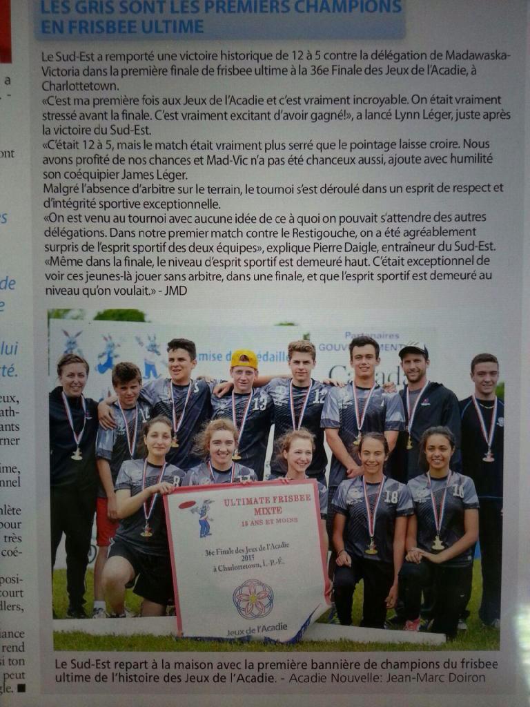 Félicitations à <a href="/JDASudEst/">Jeux de l'Acadie S-E</a> pour leur médaille d'or! Nous sommes contents de voir l'ultimate aux <a href="/JeuxAcadie2015/">Jeux Acadie 2015</a>!
