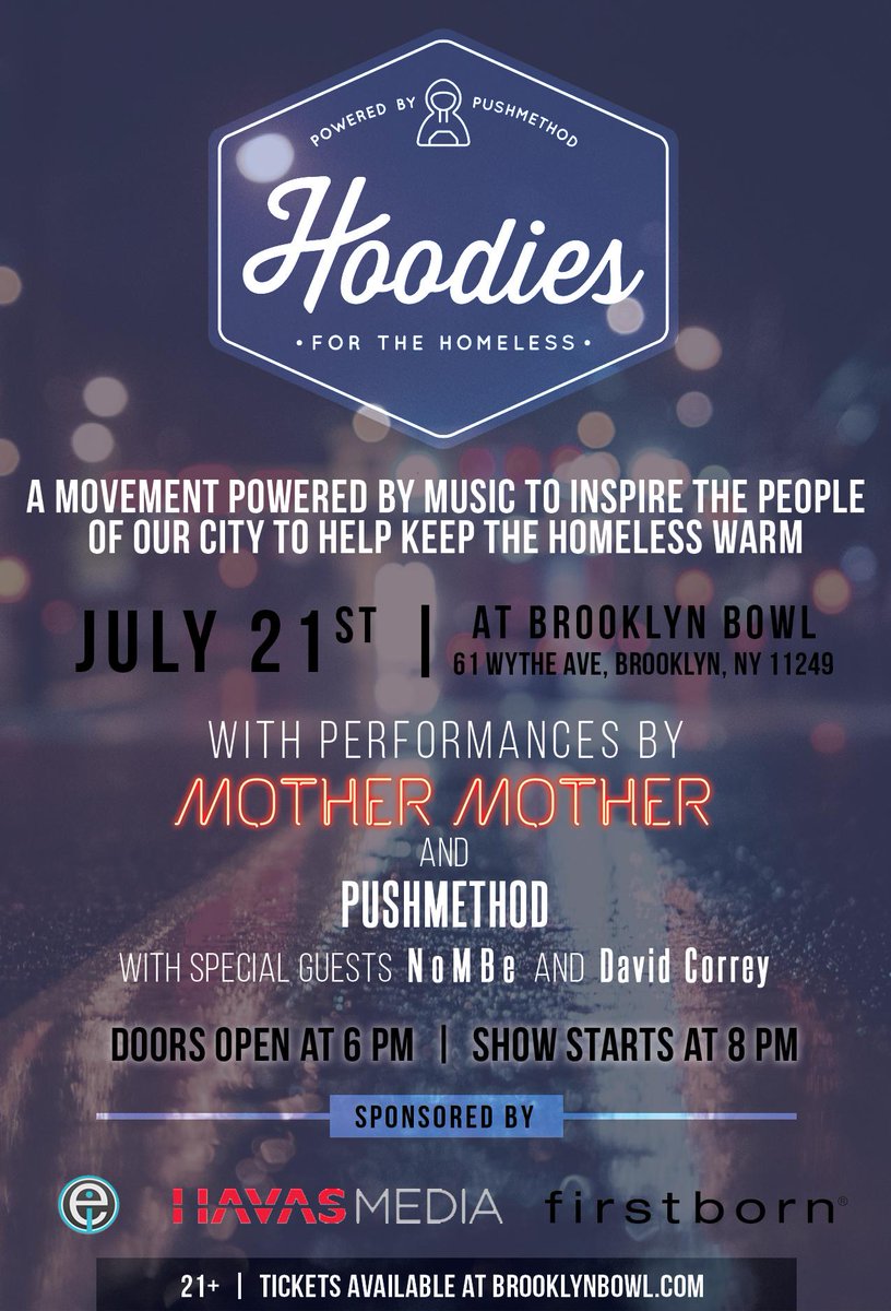 PUSHMETHOD's tweet photo. NYC!! Who's down to put their #HOODSUP?! When u come hang with us on 7/21, bring a hoodie to donate to the homeless http://t.co/sVz4MYjp1L