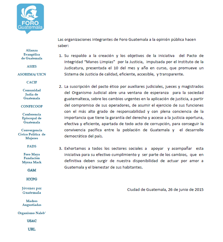 ASIES_GT's tweet photo. Como parte de Foro Guatemala, expresamos respaldo a la iniciativa "Manos Limpias" por la Justicia. http://t.co/qEzscpw3r1