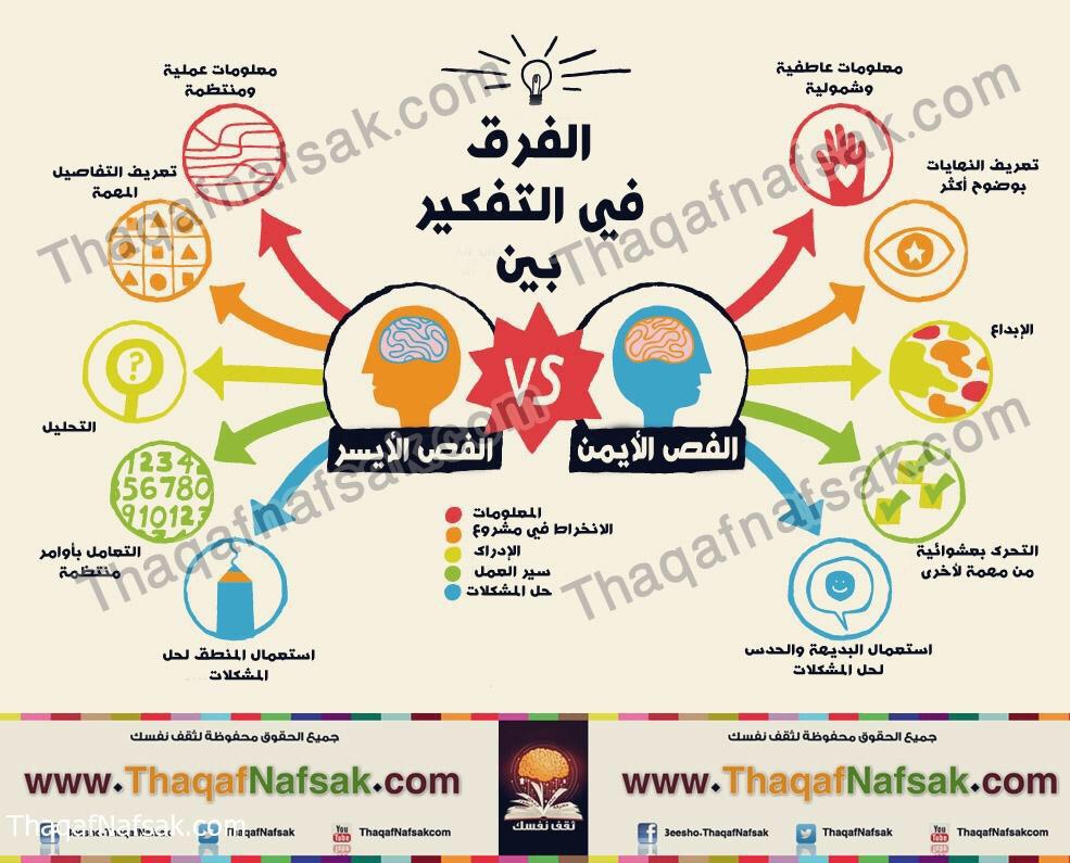 قارن بين نصفي الدماغ الأيمن والأيسر من حيث طريقة التفكير.مطلوب الإجابة. نص من سطر واحد.