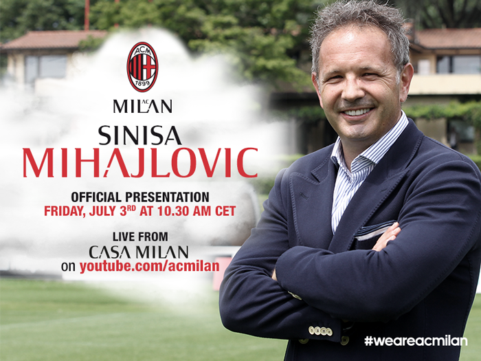 acmilan's tweet photo. On Friday follow Coach Mihajlovic's first red&amp;black press conference at #CasaMilan live on http://t.co/aePm15fnSD! http://t.co/GmHPlQtvBH