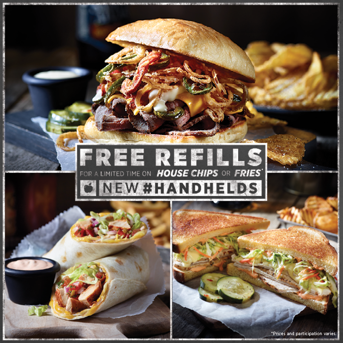 Applebees's tweet image. A NEW lineup of boundary-breaking, flavor-packed sandwiches &amp;amp; wraps. #Handhelds #FreeRefills