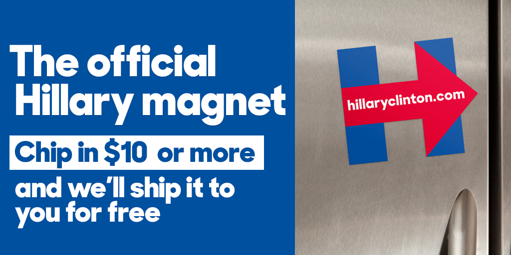 HillaryClinton's tweet photo. The positive: This magnet is yours for $10. The negative: Just a few hours left to get one. → http://t.co/ASwZt9AAis http://t.co/8LEoUun70I