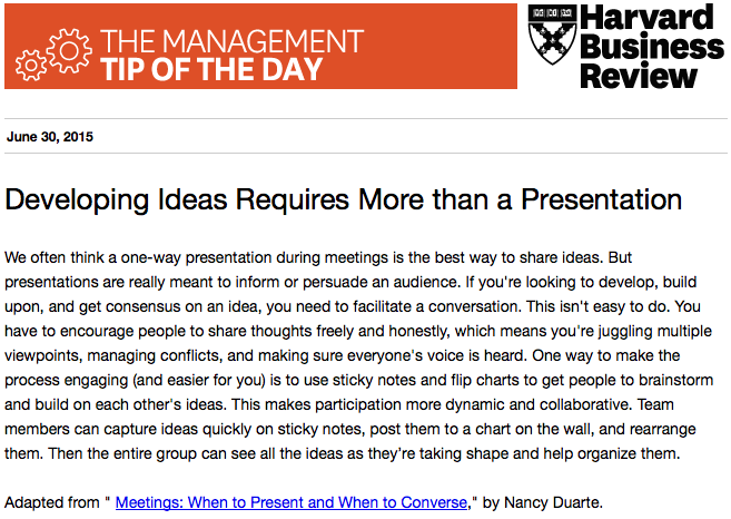 HarvardBiz's tweet photo. Our management tip of the day: Good ideas don't start with a presentation http://t.co/QgH1rIps9H