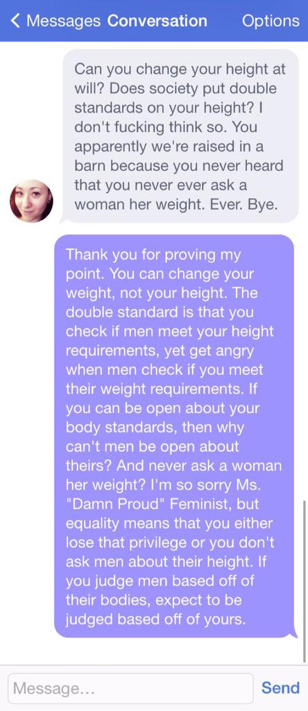 FeministFailure's tweet photo. Teaching this "Damn proud" feminist a lesson in Double Standards 101. http://t.co/rZ5Hcd49Ol