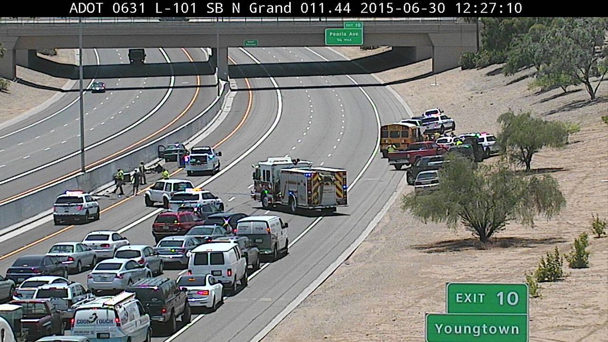 azfamily's tweet image. View of the delays on the 101 SB south of Grand. Use another route; re-enter the freeway at Peoria, per @ArizonaDOT