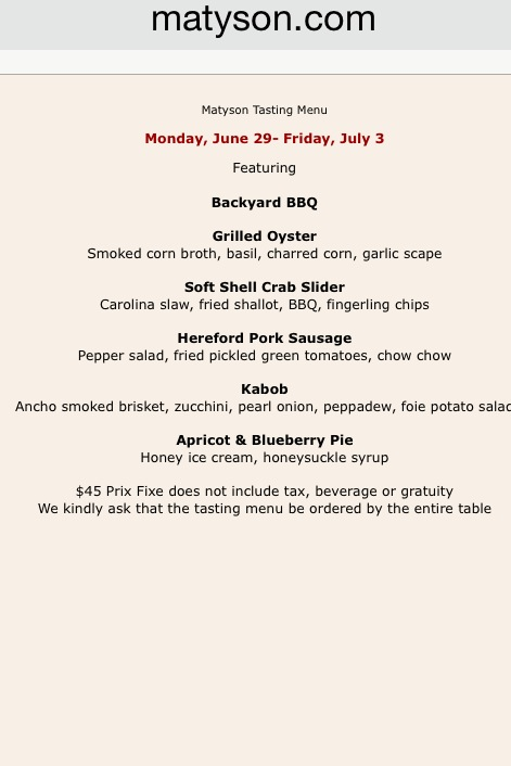 MatysonBYOB's tweet photo. Backyard BBQ tasting extended thru Friday! $45 5 courses. Yay America! http://t.co/UhrCnbvZ1w