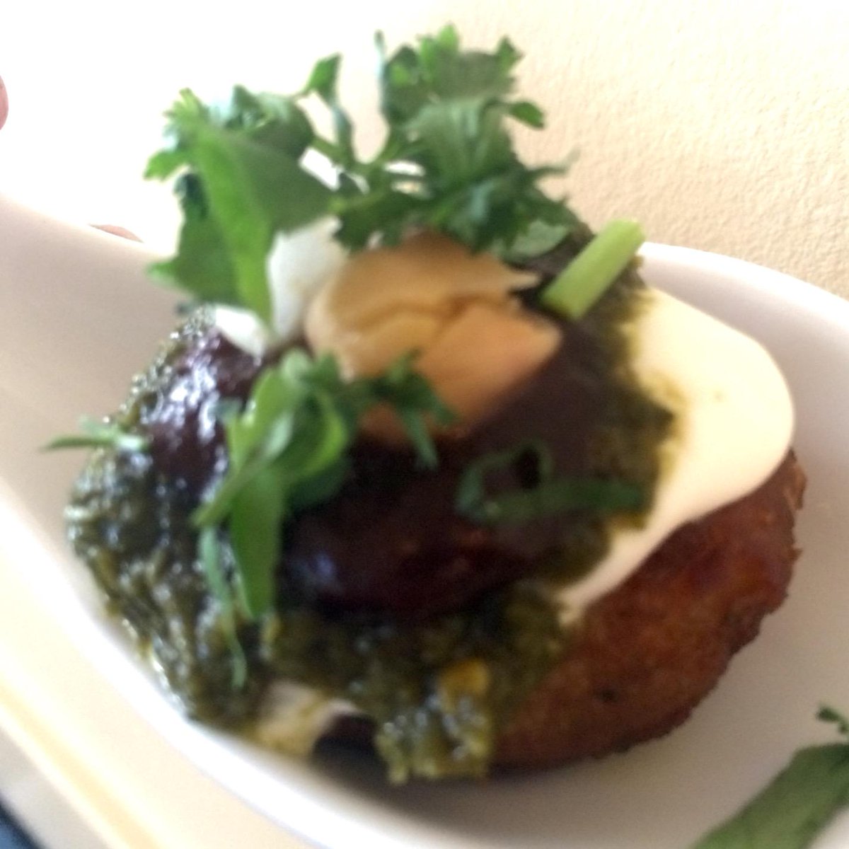 Allo tiki! Yummy potato pancake topped with mint chutney. <a href="/s_tandoor/">Sizzling Tandoor</a> #yyj
