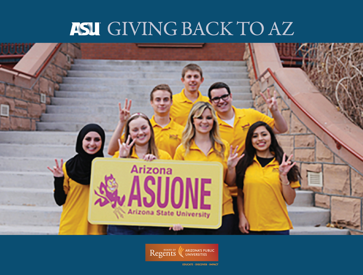AZRegents's tweet photo. For every @ASU Sparky license plate purchased, $17 goes directly to scholarships for AZ residents. #GivingBackToAZ http://t.co/JFwEb4xDyu