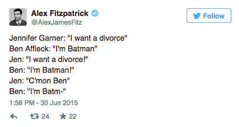 BuzzFeedCeleb's tweet photo. The best Twitter reactions to Ben Affleck and Jennifer Garner’s breakup http://t.co/GGzO0xFfd7 http://t.co/bx7rYuslNz