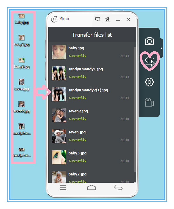 WSMirror's tweet photo. Drag photos or other file types from the desktop to the phone screen directly. Click Transfer list icon to view them. http://t.co/S7SFPzp1p8