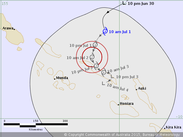 BOM_Qld's tweet photo. First July Tropical Cyclone - #TCRaquel moving towards Solomon Islands, slowly intensifying. No threat to #QldCoast. http://t.co/3fqE5tQrNY