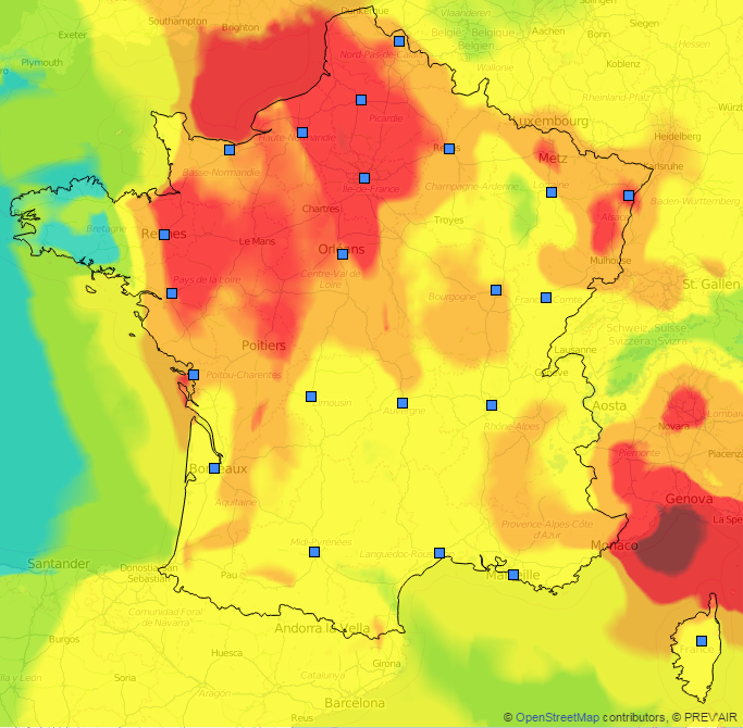 EelvAuber93's tweet photo. Prévision concentration ozone mercredi 1er juillet (Prevair) http://t.co/0y8KxDZcpF