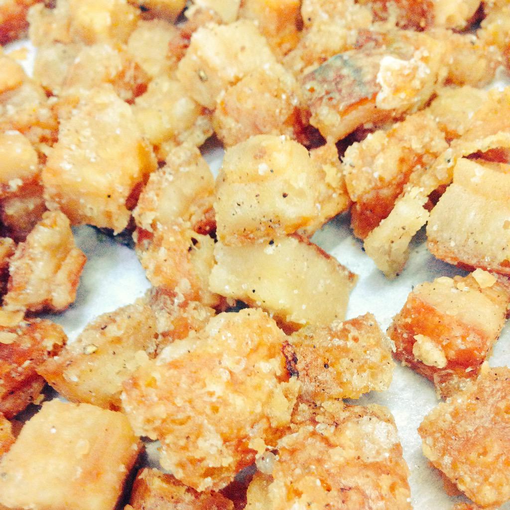 3 hour cooked pork crackling from one of our producers, Canaanland. Perfect topping for a fresh green salad tonight.