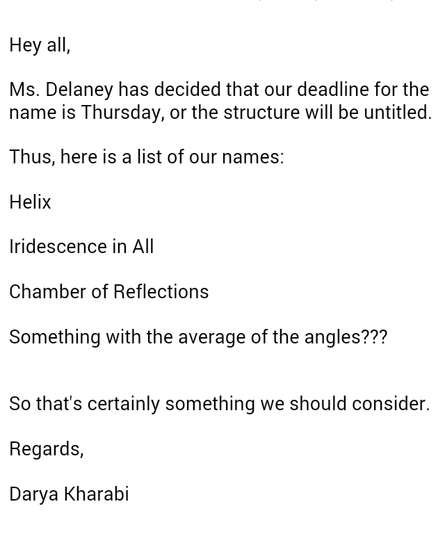 hey crew: Please check your emails, if you can. We need to make a decision on the name of the sculpture ASAP!!