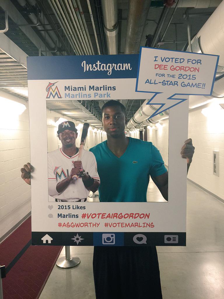 Marlins's tweet photo. The @MiamiDolphins and @MiamiHEAT unite to encourage you to #VoteGSquad and #VoteAirGordon! http://t.co/xPytAr3Q8I