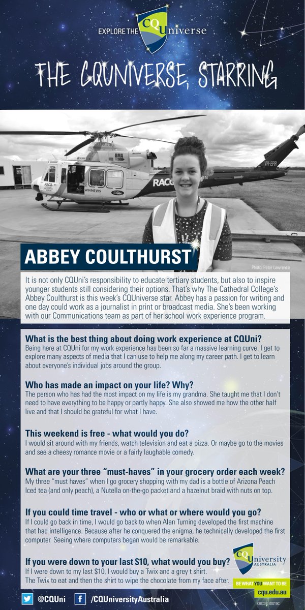 CQU's tweet photo. Meet up and coming journalist Abbey Coulthurt from @TCCRockhampton who spent a week's work experience at #CQUni. http://t.co/0vT6W0WPso