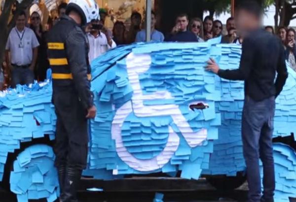 A man parked in a spot reserved for the disabled. People in Brazil decided to teach a lesson. 
#InRio #Karma #Funny