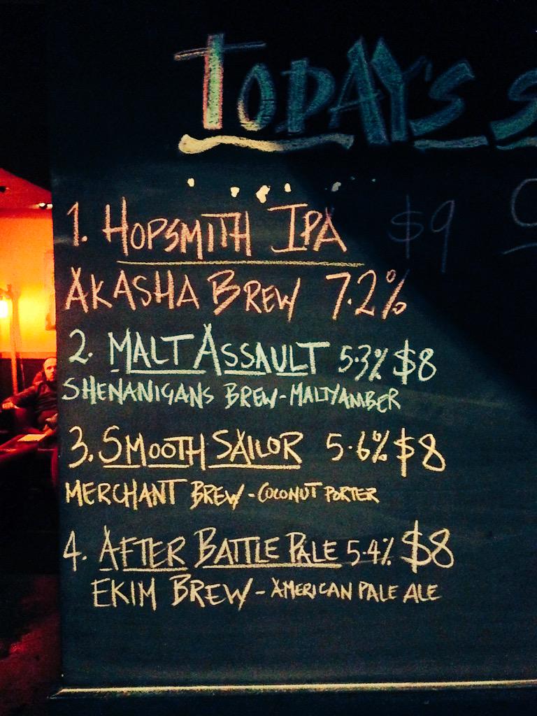 S.G (@spooninggoats) on Twitter photo Current tap list! <a href="/akashabrew/">Akasha Brewing Co.</a> IPA <a href="/ShenanigansBrew/">Shenanigans Brewing</a> malt assault @MerchantBrewing smooth sailor <a href="/EkimBrewingCo/">Ekim Brewing Co</a> pale Current tap list! <a href="/akashabrew/">Akasha Brewing Co.</a> IPA <a href="/ShenanigansBrew/">Shenanigans Brewing</a> malt assault @MerchantBrewing smooth sailor <a href="/EkimBrewingCo/">Ekim Brewing Co</a> pale