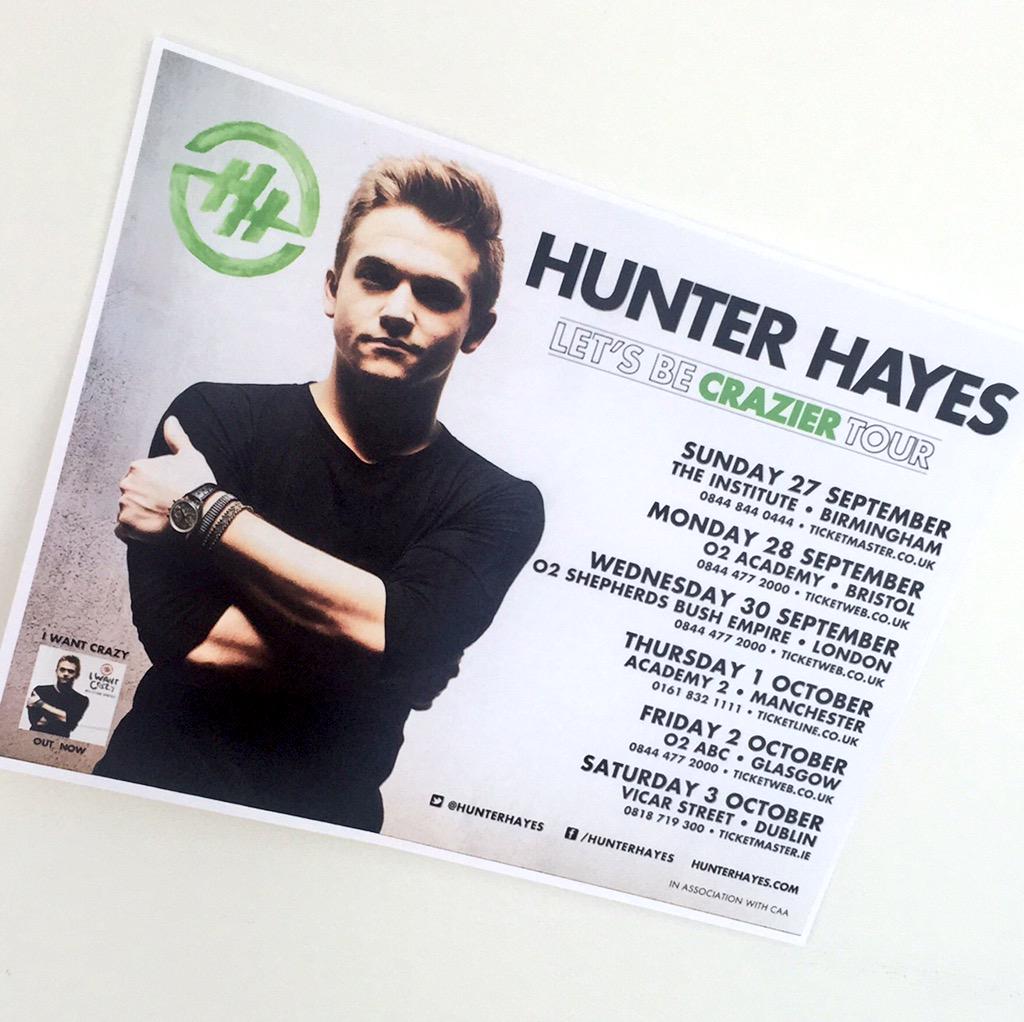 HunterHayes's tweet photo. UK &amp; Ireland, SO excited that the Let's Be Crazier tour is SO CLOSE! See ya there? Sweet. http://t.co/VXet8HdetV http://t.co/O72xyDuARY