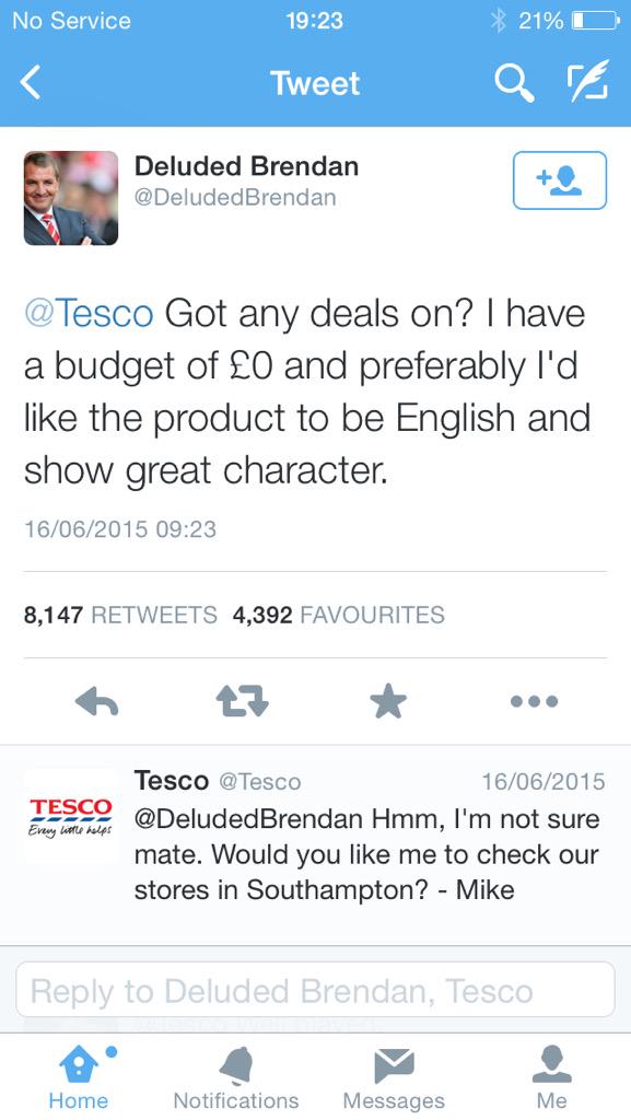 Finest* #banter between @tesco &amp; @DeludedBrendan on Twitter. Every Little Helps in the #transferwindow <a href="/fcbusiness/">fcbusiness Magazine</a>