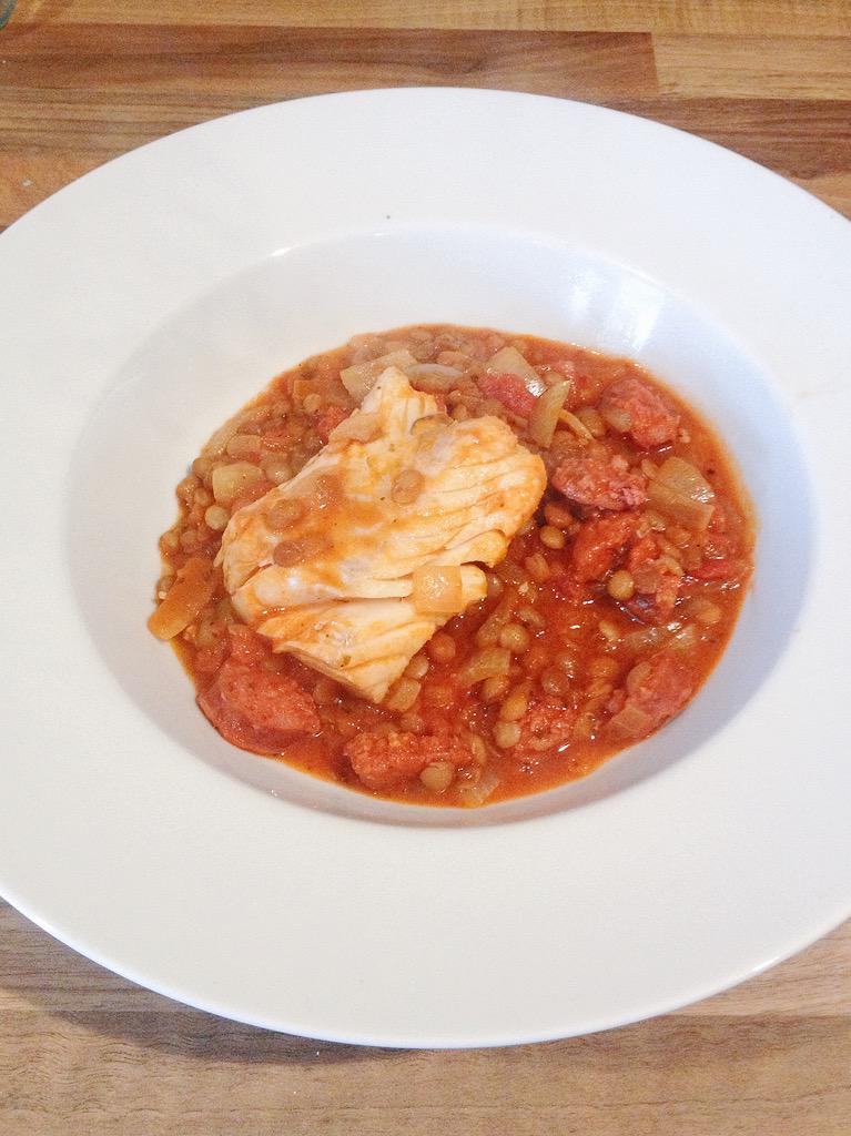 So simple, so tasty <a href="/missmaryberry/">Mary Berry</a>'s 'Cook the Perfect' haddock in tomatoes and puy lentils with added chorizo.
