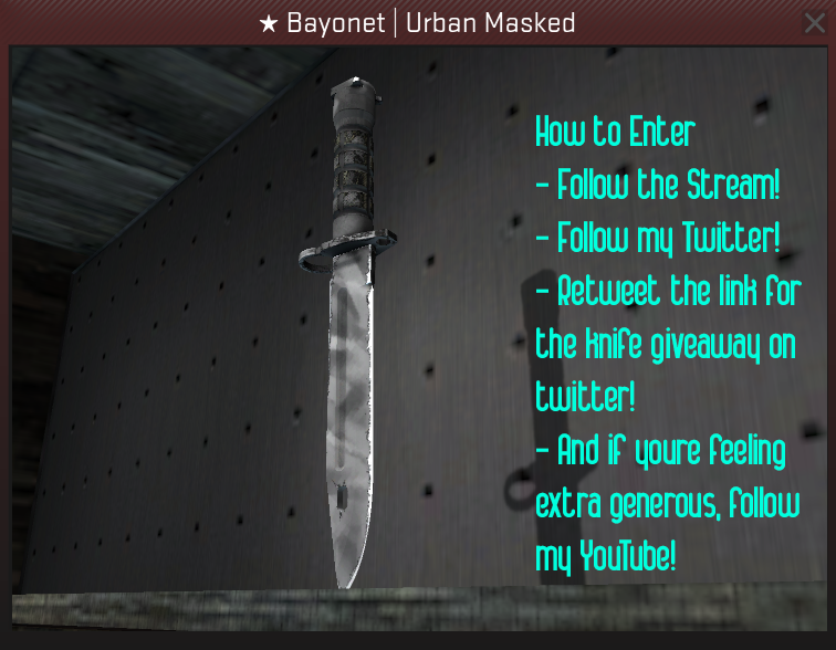 CinCinBear's tweet photo. This Month's Knife Giveaway is an Urban Masked Bayonet. Re-tweet, favorite, and make sure you are following to win! http://t.co/aerXXMqrFs