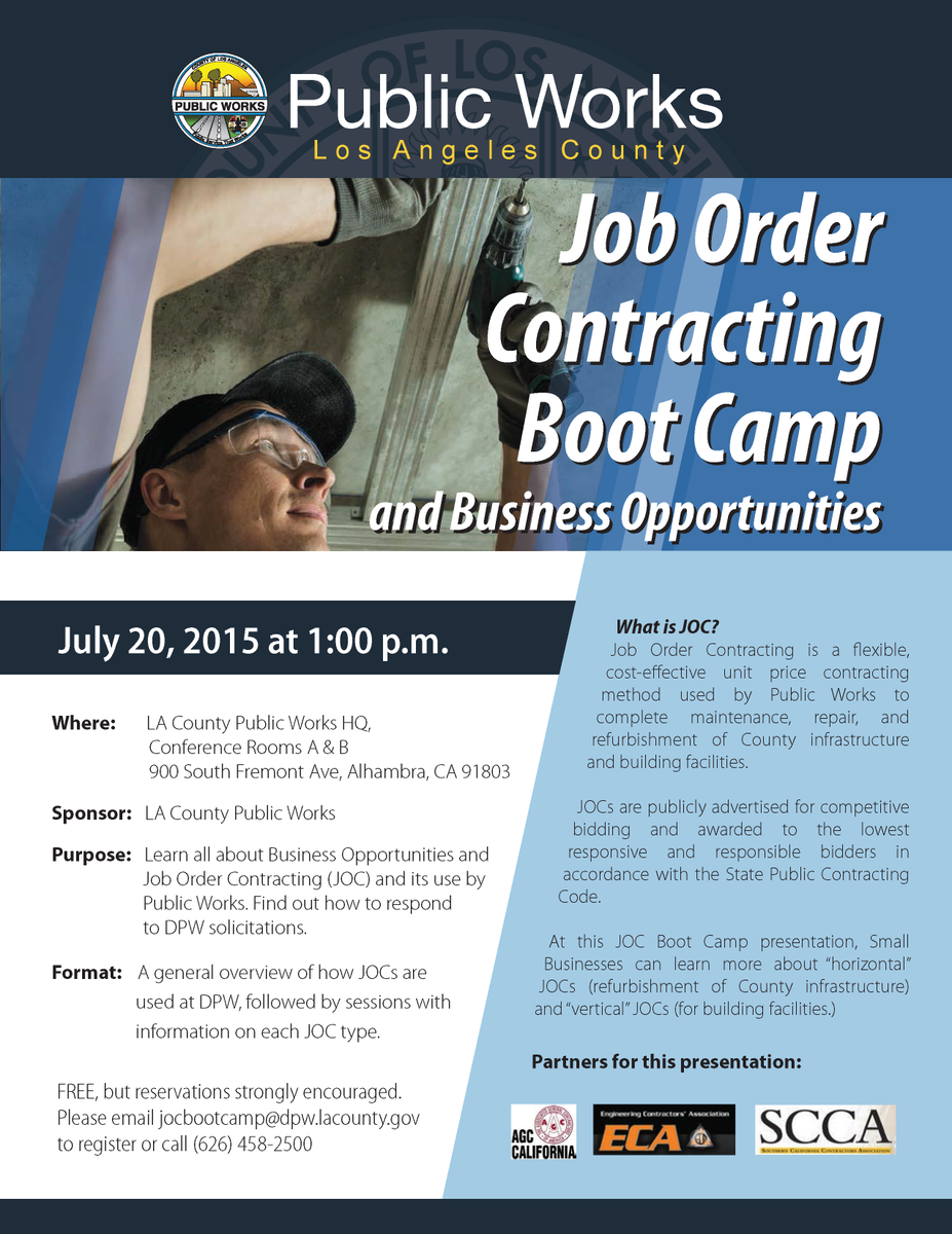 LACoPublicWorks's tweet photo. #LACountyPublicWorks hosting Job Order Contracting Boot Camp, July 20th. Come and learn about contracting at DPW! http://t.co/jO23DX6BRU