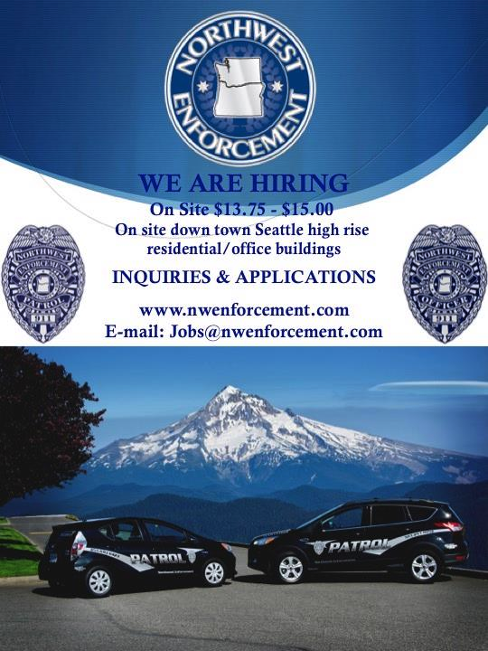 NWEnforcement's tweet image. New positions Downtown Seattle. We are Hiring about 9 new staff for positions. Visit nwenforcement.com for info.