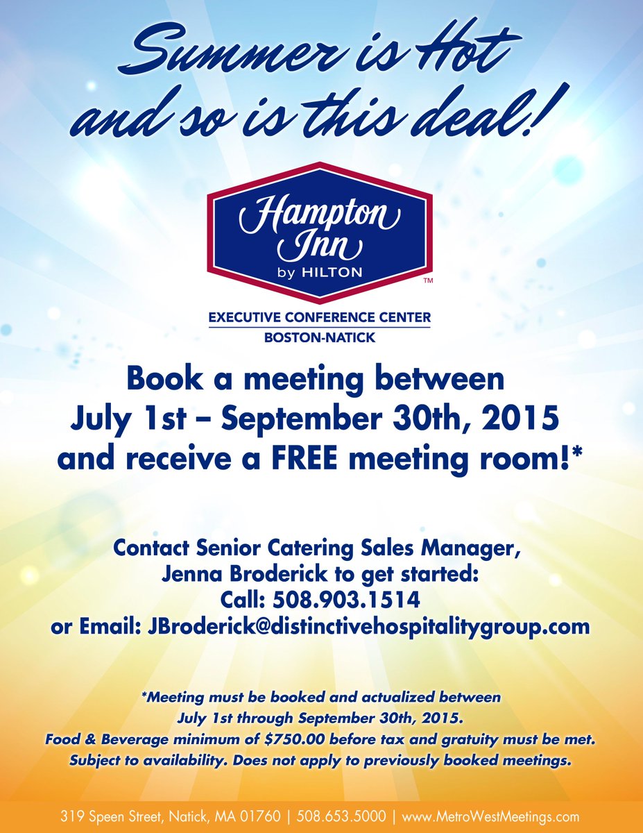 Summer is hot and so is this deal!
Call: 508.903.1514 or email: jbroderick@distinctivehospitalitygroup.com