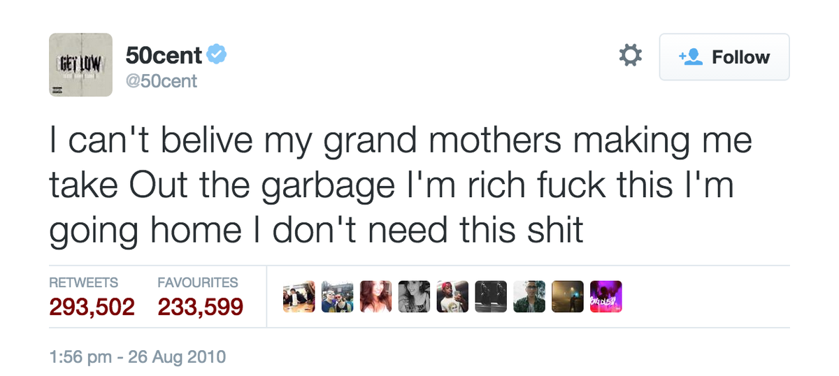 MeninistTweet's tweet photo. 50 cent filed for bankruptcy so I guess he’ll be taking out his grandmothers garbage now http://t.co/sYYZ0fQemL