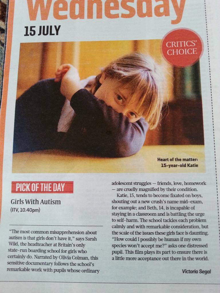 LimpsfieldGrang's tweet photo. Wow! Wednesday's pick of the day in the @thetimes Culture section yesterday. #girlswithautism #AutismAwareness http://t.co/LluIiZLS7l