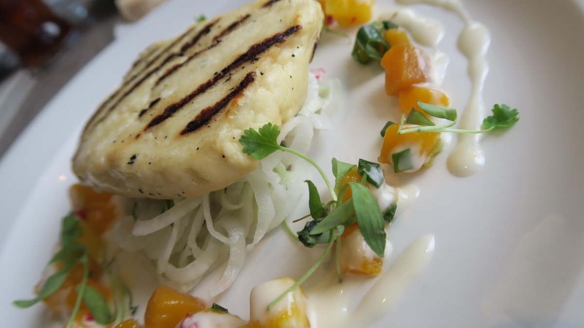 Grilled Haloumi with mango on a bed of Spiralized salad <a href="/cuisiquepremium/">Cuisique</a>, perfect for #MeatlessMonday