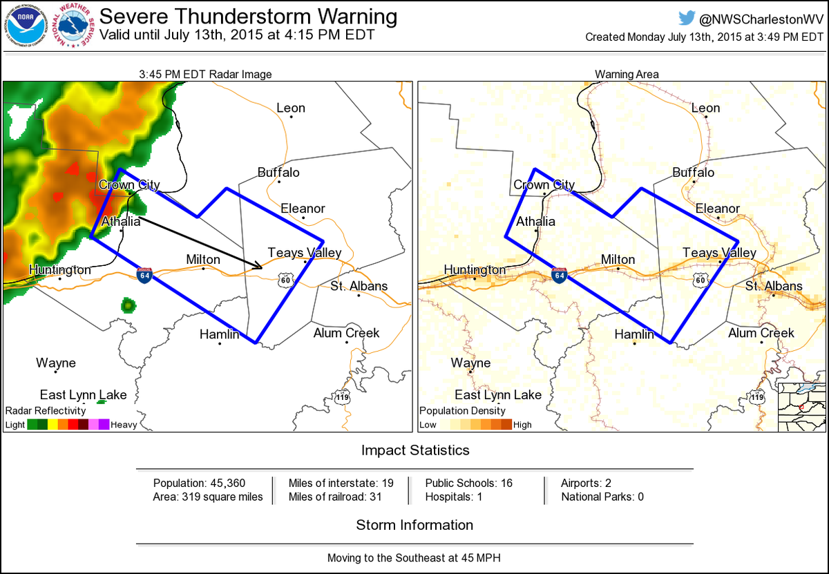 Severe Thunderstorm Warning including Teays Valley WV, Hurricane WV, Culloden WV until 4:15 PM EDT