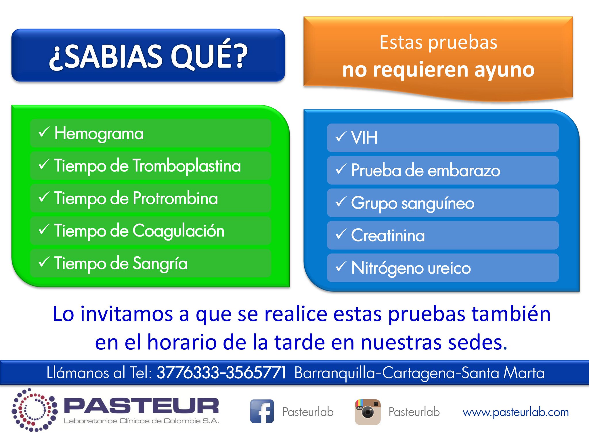 Pasteur Laboratorios Clinicos on X Conoce los examenes de laboratorio que no requieren ayuno para la toma de muestra. CuidamostuSalud http t DhgNCGKP5e X