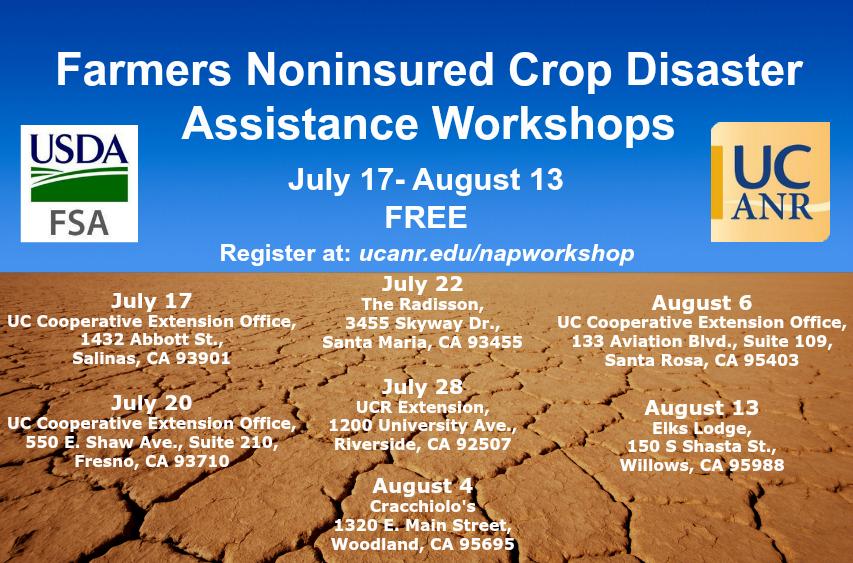 ucanr's tweet photo. #Farmers Noninsured #Crop Disaster Assistance Workshops July 17-Aug 13 #FREE English/Spanish http://t.co/e42XJ0HMPT http://t.co/cEchbsAzAp