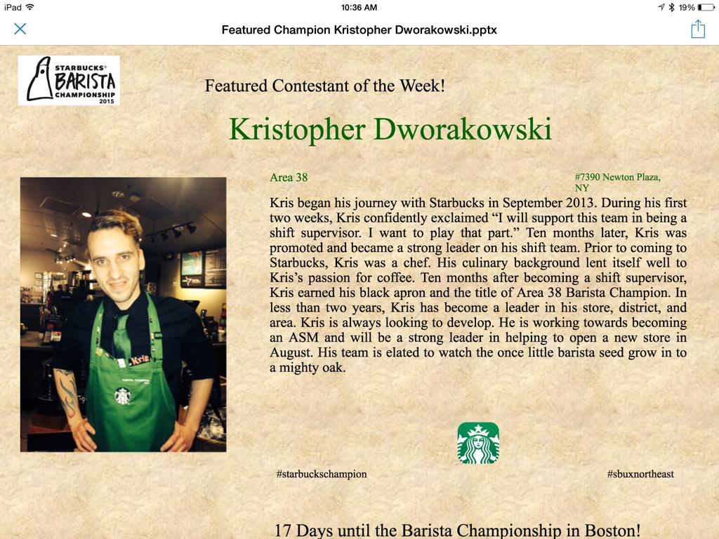 Looking forward to seeing Kris show his skills at The NE Starbucks Barista Championship #starbuckschampion July 23rd