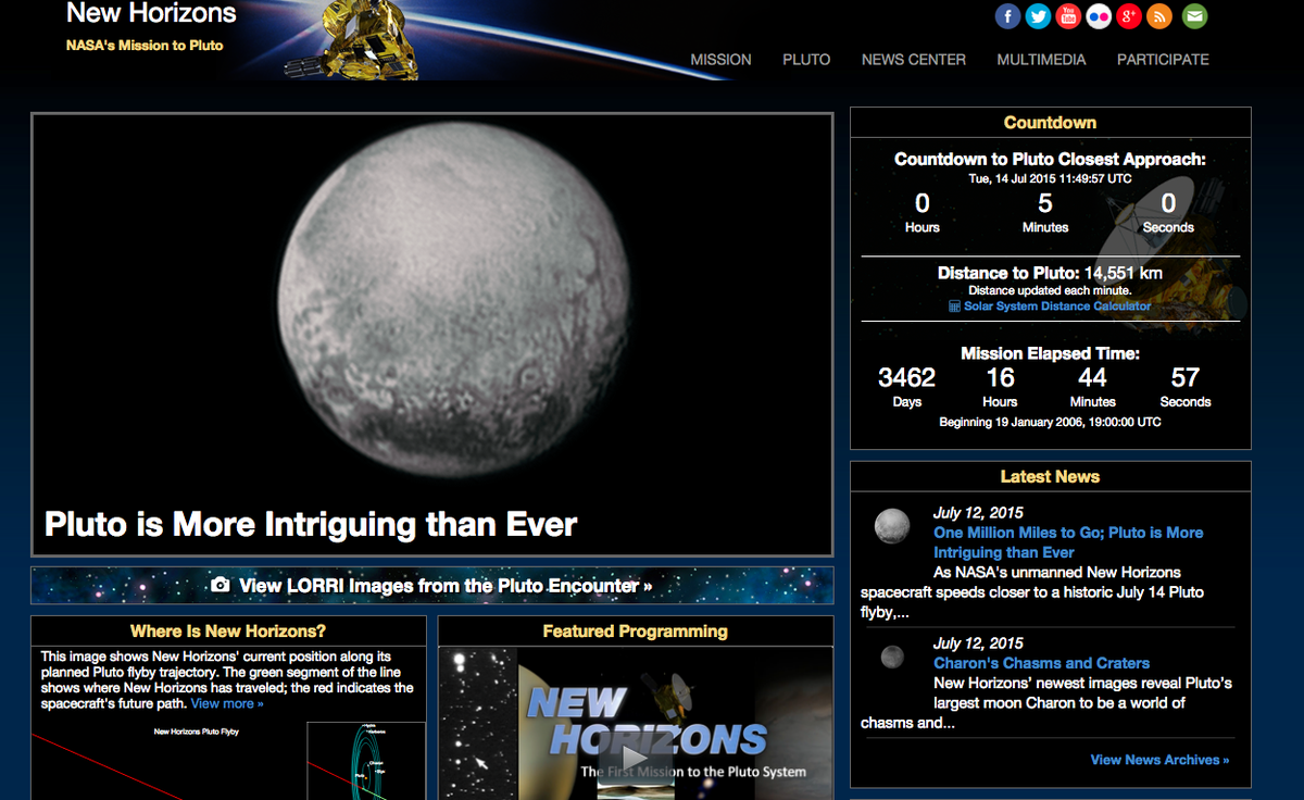 9dognight's tweet photo. T-5 minutes in the countdown to #NASA's #NewHorizons #ClosestApproach to #Pluto during this truly awesome #PlutoFlyby http://t.co/0xEzBVlSmn