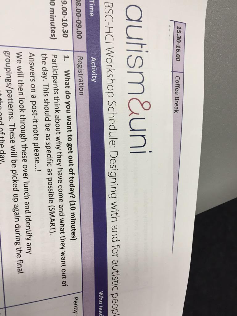 autismuni's tweet photo. Today Autism&Uni are at #hci2015 running a workshop on designing with and for autistic people. http://t.co/xGL4RXS69a