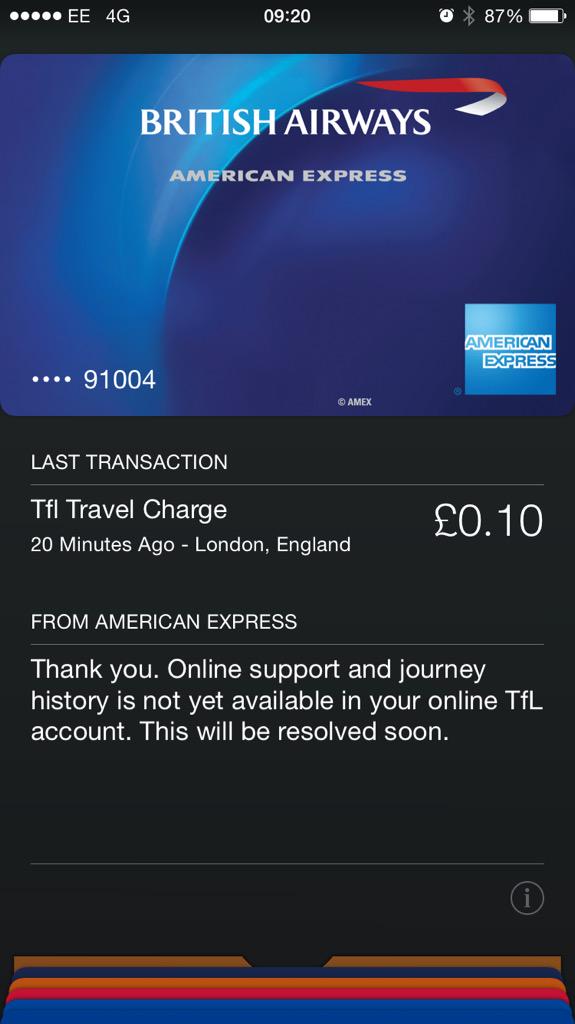 Officially an #ApplePay user this morning. Well done <a href="/AmericanExpress/">American Express</a>, <a href="/waitrose/">Waitrose & Partners</a> and <a href="/TfL/">TfL</a>