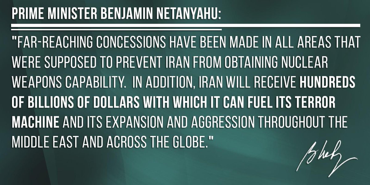 IsraeliPM's tweet photo. PM: Far-reaching concessions were made in all areas meant to prevent Iran from obtaining nuclear weapons capability. http://t.co/x8C57DTbV5