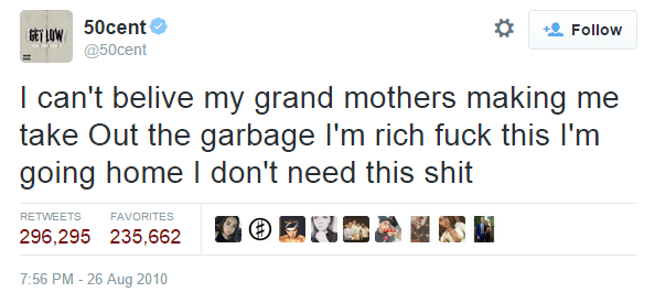 paddypower's tweet photo. 50 Cent has filed for bankruptcy. Now might be the time to help his grandmother take her garbage out... http://t.co/OURAMrwx5u