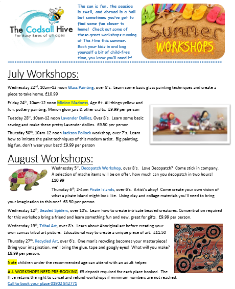 CodsallHive's tweet photo. WORKSHOPS HERE @ THE HIVE! Need 2 CHILD-FREE hours this summer? Book onto one of our awesome crafty workshops! http://t.co/yp2ilAUbnH