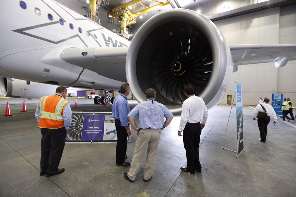 Airbus's tweet photo. The #A350 XWB’s @RollsRoyce Trent XWB engines have the lowest CO2 emissions of any widebody powerplant. #A350XWBTour http://t.co/AhBU3SFRsq