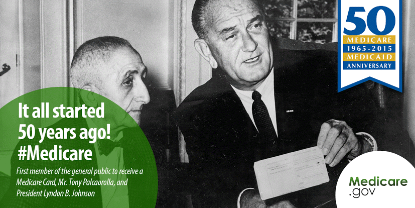 ThatMedicareGuy's tweet photo. Happy 50th anniversary, #Medicare!  Here’s Mr. Tony Palcaorolla -- receiving his #Medicare card from Pres. LBJ http://t.co/VpYVYT0uFo